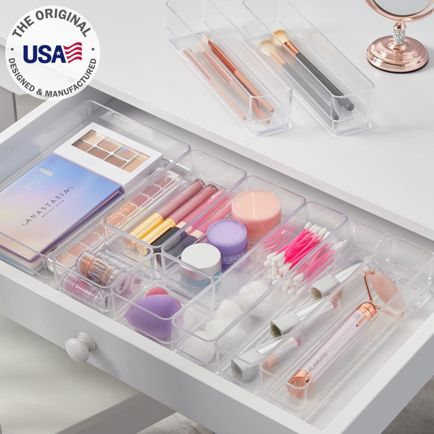 STORi SimpleSort 10-Piece Stackable Clear Drawer Organizer Set | Multi-size Trays | Makeup Vanity Storage Bins and Office Desk Drawer Dividers | Made in USA - Image 2